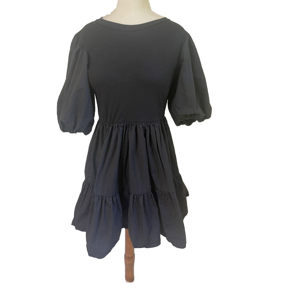 En Saison Women’s Tiered Black Mini Dress Puff Sleeves‎ Knit Top Cotton Skirt S